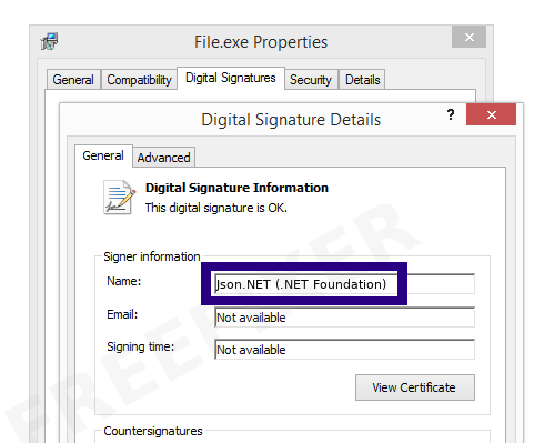 Screenshot of the Json.NET (.NET Foundation) certificate